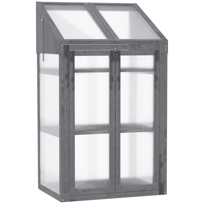 Outsunny Wooden Cold Frame Polycarbonate Greenhouse with Openable Top Cover and Double Door, Grow House for Flower, Vegetable and Plants, 70 x 50 x 120cm, Grey