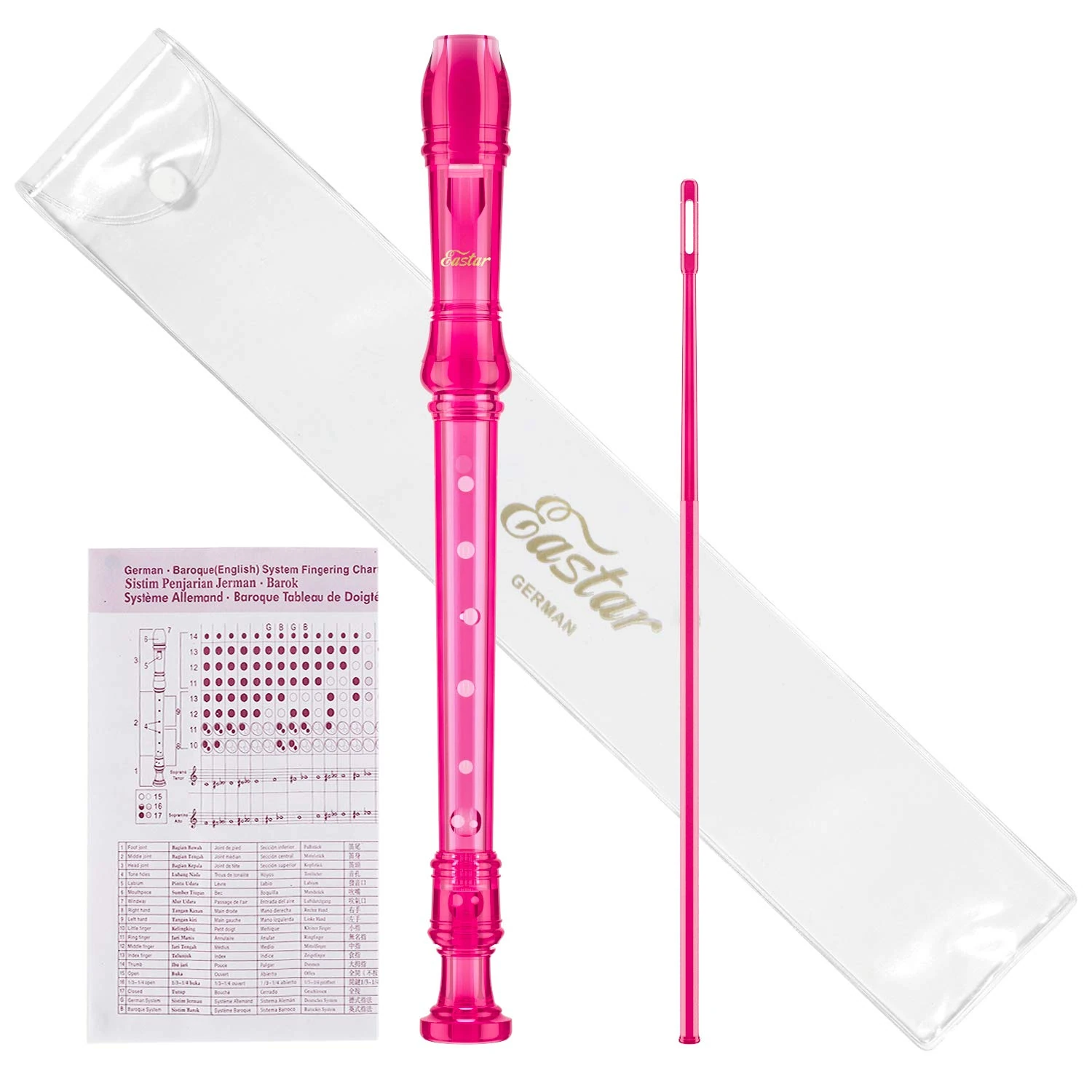 Eastar Soprano Recorder Instrument for Kids Students Beginners, German fingering C Key with Cleaning Kit, Storage Bag, Fingering Chart, ERS-1GP, Pink, School-Approved