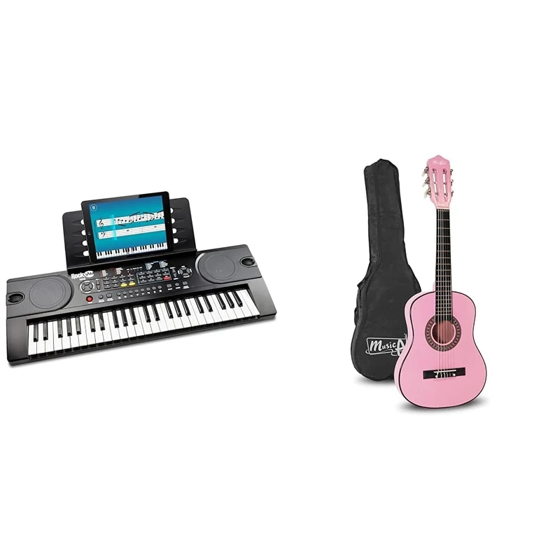 RockJam 49 Key Keyboard Piano With Power Supply, Sheet Music Stand, Note Stickers & Simply Piano Lessons, Black - Music Alley MA-51 Classical Acoustic Guitar for Kids & Juniors, Pink