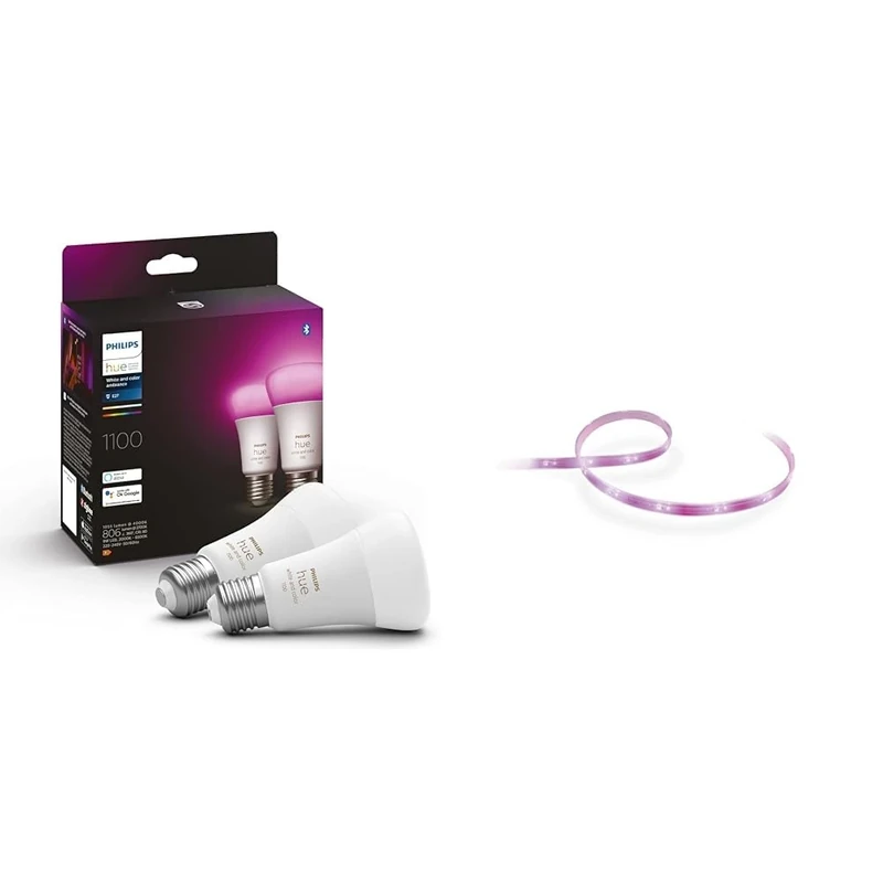 Philips Hue White and Colour Ambiance Smart Light Bulb 2 Pack 75W - 1100 Lumen Lightstrip Plus v4 [2 m] White and Colour Ambiance Smart LED Kit - Image 1
