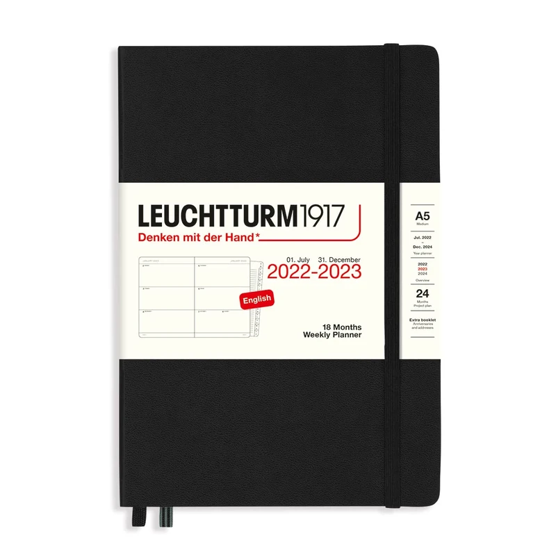 LEUCHTTURM1917 366032 Weekly Planner Medium (A5) 2023, 18 Months, Black, English