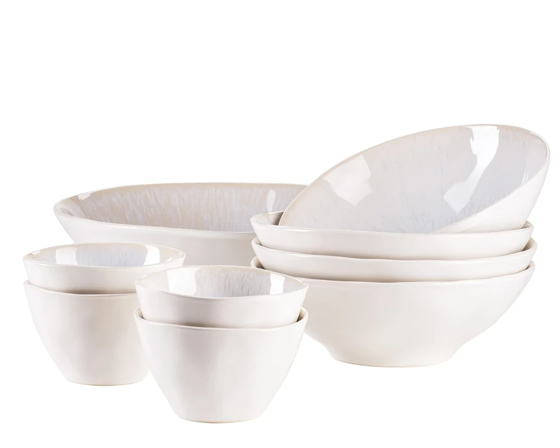 MÄSER Frozen Series 9-Piece Bowl Set Made of Beautiful Ceramic, 1 Salad Bowl, 4 Ramen Bowls and 4 Dip Bowls, Organic Shapes in Vintage Look, Hand-Varnished, Stoneware, White, 26