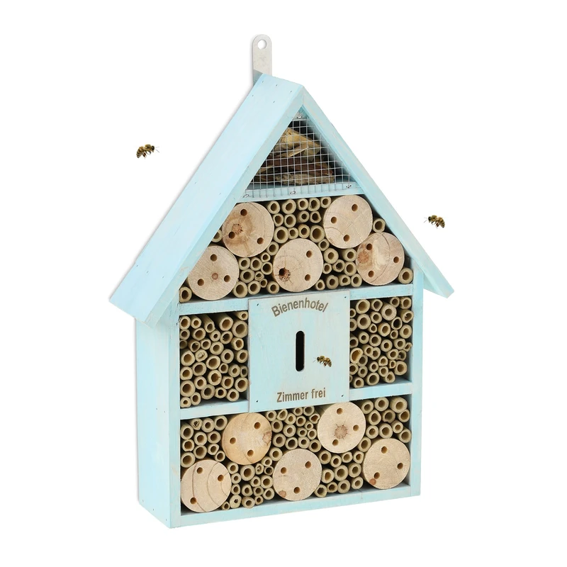 Relaxdays Insect Hotel, Nesting Aid for Wild Bees, HWD: 38x29x9 cm, Honeybees for Garden & Balcony, Blue, Wood, 38x29x9cm