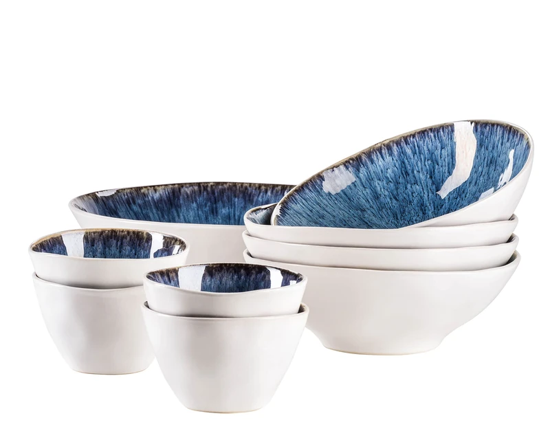 MÄSER Frozen Series 9-Piece Bowl Set Made of Beautiful Ceramic, 1 Salad Bowl, 4 Ramen Bowls and 4 Dip Bowls, Organic Shapes in Vintage Look, Hand-Varnished, Stoneware, Blue - Image 1