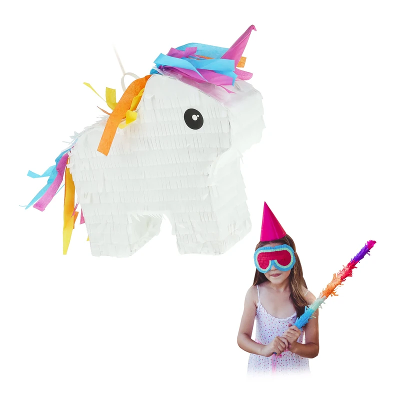 Relaxdays Mini Pinata, Unicorn, Horse, Birthday, Hanging, Girls and Boys, HxWxD, Rainbow, Colourful, Cardboard, HWD 25 x 24 x 7 cm