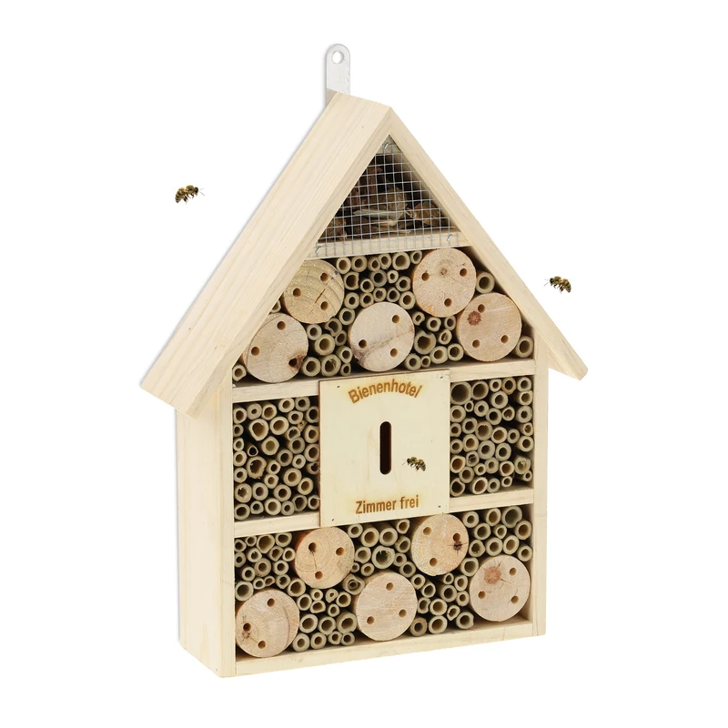 Relaxdays Insect Hotel, Nesting Aid for Wild Bees, HWD: 38x29x9 cm, Honeybees for Garden & Balcony, Natural Wood
