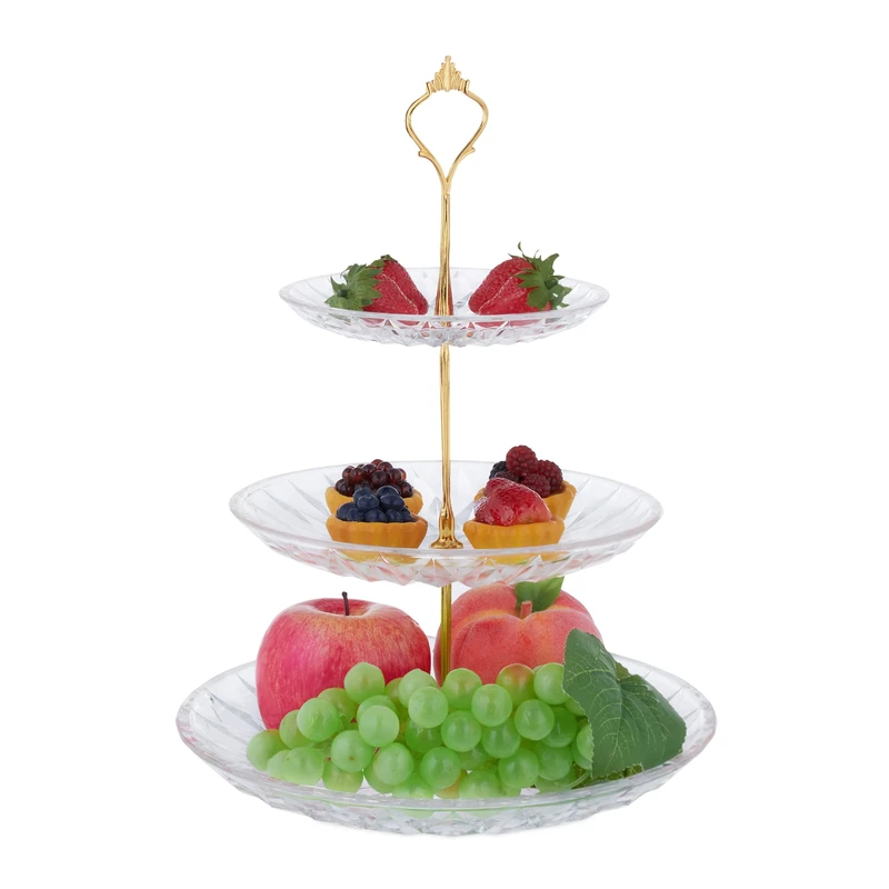 Relaxdays 3 Tier Serving Stand, Glass & Iron, HxD 33 x 25 cm, Round Étagère, Cupcakes & Afternoon Tea, Transparent/Gold