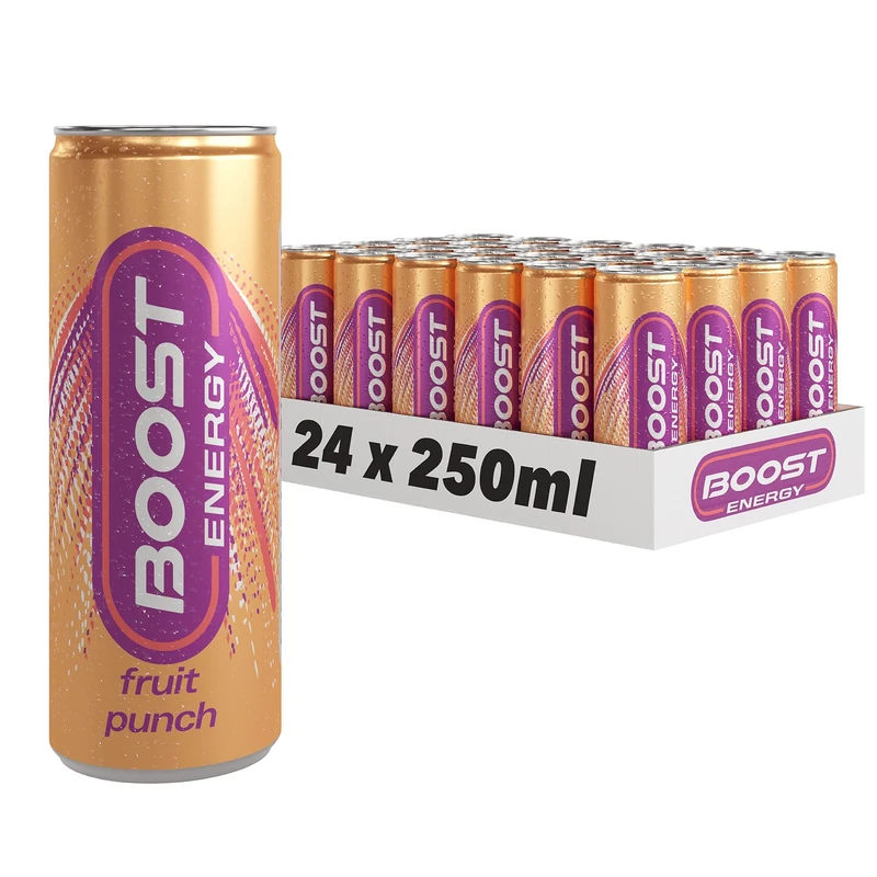 Boost Energy Drink Fruit Punch Flavour, 250ml x 24 pack, Vegan Friendly Great Tasting Energy Boost, Only 50 kcals per can, Gluten Free Taurine Carbonated Drink with B Vitamins and Caffeine