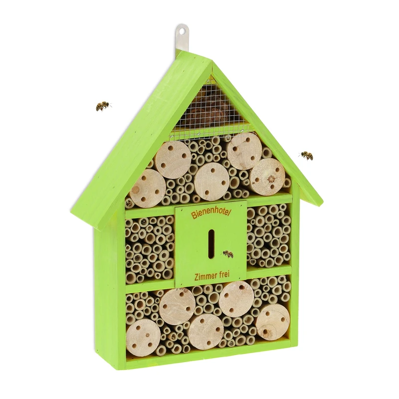 Relaxdays Insect Hotel, Nesting Aid for Wild Bees, HWD: 38x29x9 cm, Honeybees for Garden & Balcony, Green - Image 1