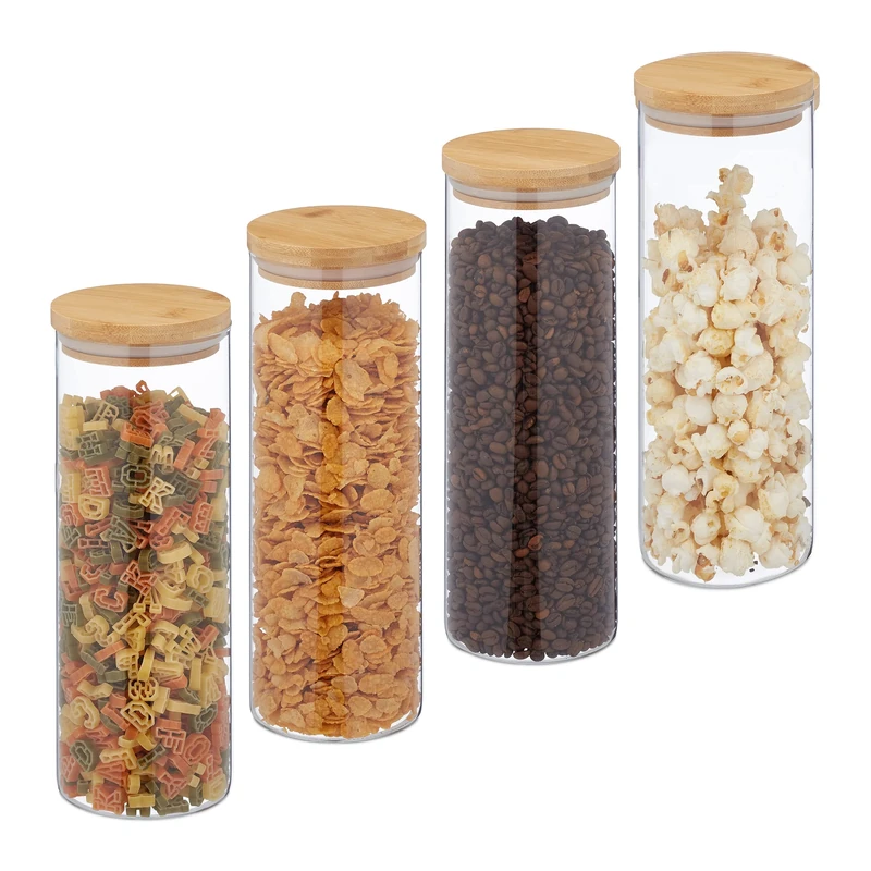 Relaxdays Storage Jars in Set of Four, 1600 ml Each, Bamboo Smell-proof Lids, Dry Food Storage, Glass, Transparent/Brown