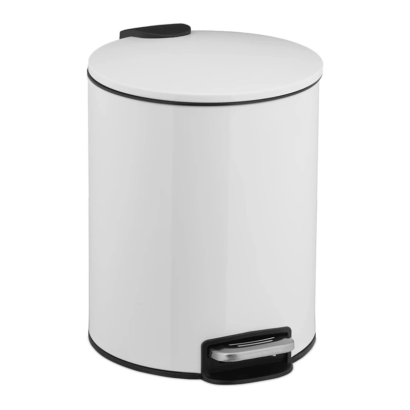 Relaxdays Bathroom Bin 5 Litre, Soft-Close, Removable Inner Container, Round Pedal Dustbin, Metal, White, Iron, 26 x 20.5 x 24 cm