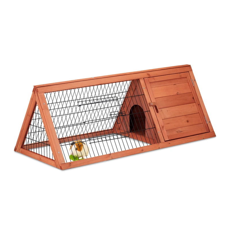 Relaxdays Rabbit Hutch, House & Enclosure, 2 Doors, HxWxD 41x110x49 cm, Small Bunny Cage inside & Outside, Natural Wood - Image 1