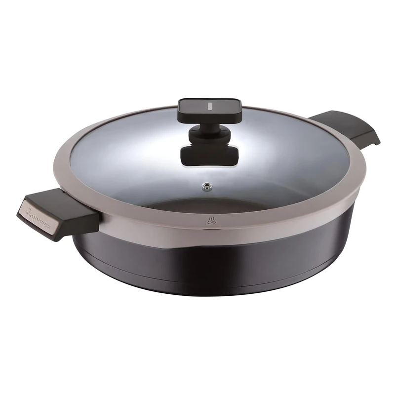 MasterPro - Shallow Casserole with Glass Lid, 4.9l - Gastro Induction Cast Aluminium Pot, Professional Quality, Titanium Non-Stick Coating, Ovenproof