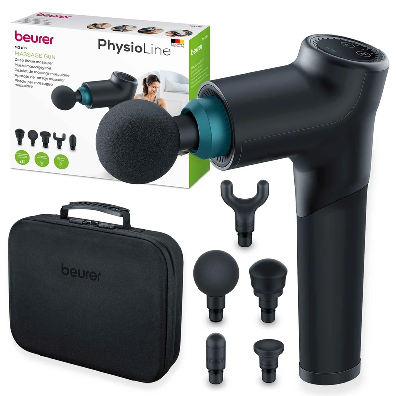 Beurer MG185 Massage Gun, Deep Tissue Massager with 5 Attachments, Delivers a Powerful Trigger Point Massage to Relieve Tension, Handheld Massager with 9 Intensity Levels, Rechargeable Battery