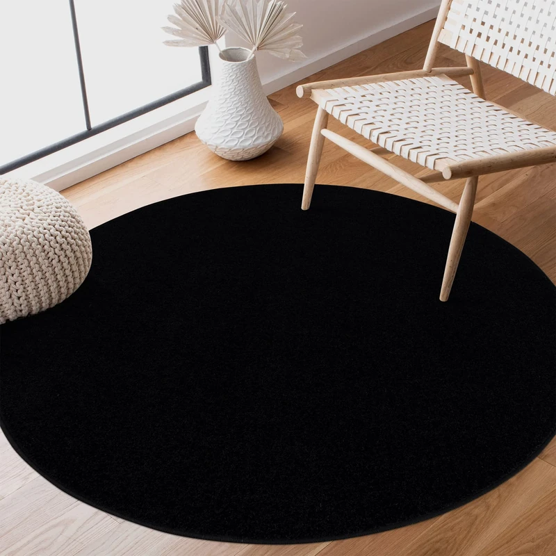 SANAT Short Pile Living Room Rug - Plain Modern Rugs for Bedroom, Study, Office, Hallway, Children's Room and Kitchen - Black, 120 cm Round