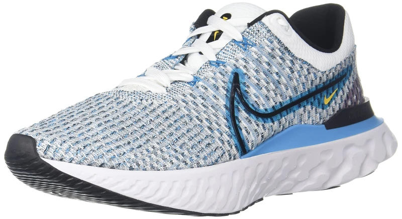 NIKE React Infinity Run Flyknit 3, Men's Flat Shoes, White Black Blue Orbit Chlorine Blue, 10 UK