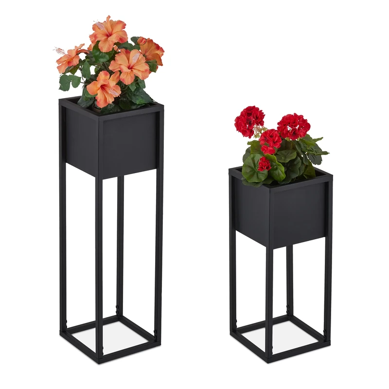 Relaxdays Set of 2 Plant Stands, Metal, 2 Sizes, with Frame, for Living Room & Hallway, Square Plant Pot Holder, Black
