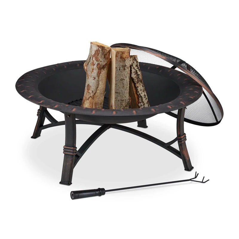 Relaxdays Fire Bowl with Spark Protection, Poker, H x D: 52 x 90 cm, Round Fire Pit, Garden & Patio, Black/Bronze