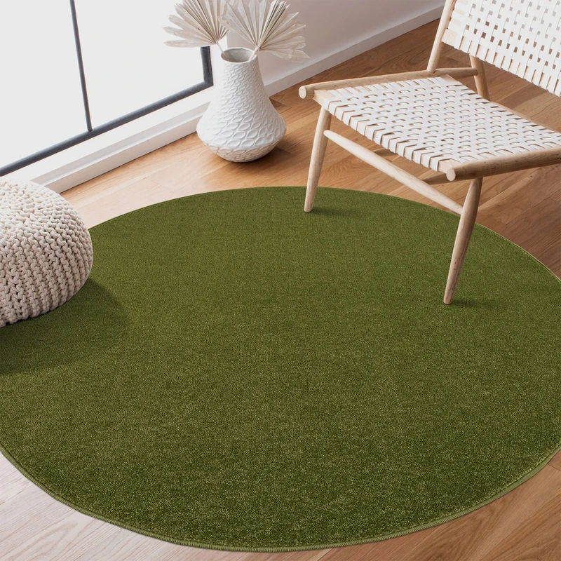 SANAT Short Pile Living Room Rug - Plain Modern Rugs for Bedroom, Study, Office, Hallway, Children's Room and Kitchen - Green, 150 cm Round