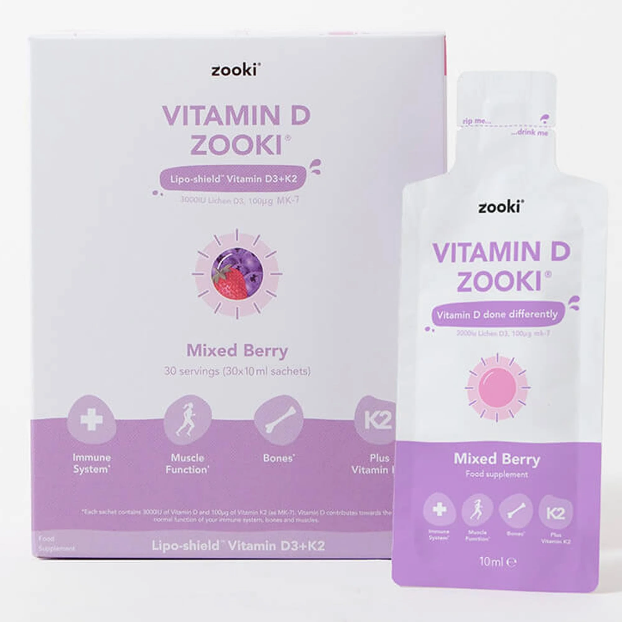Zooki 3000iu Liposomal Vitamin D3 + K2 Liquid Sachets | 4X Higher Absorption | Ultimate Immunity, Bones, Muscles Support | Vegan | (Mixed Berry Flavour, 30 Servings)