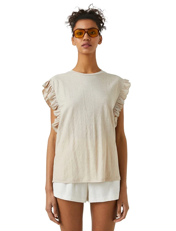 Koton Women's Crew Neck Short Sleeve Frill T-Shirt, Light Brown (502), M