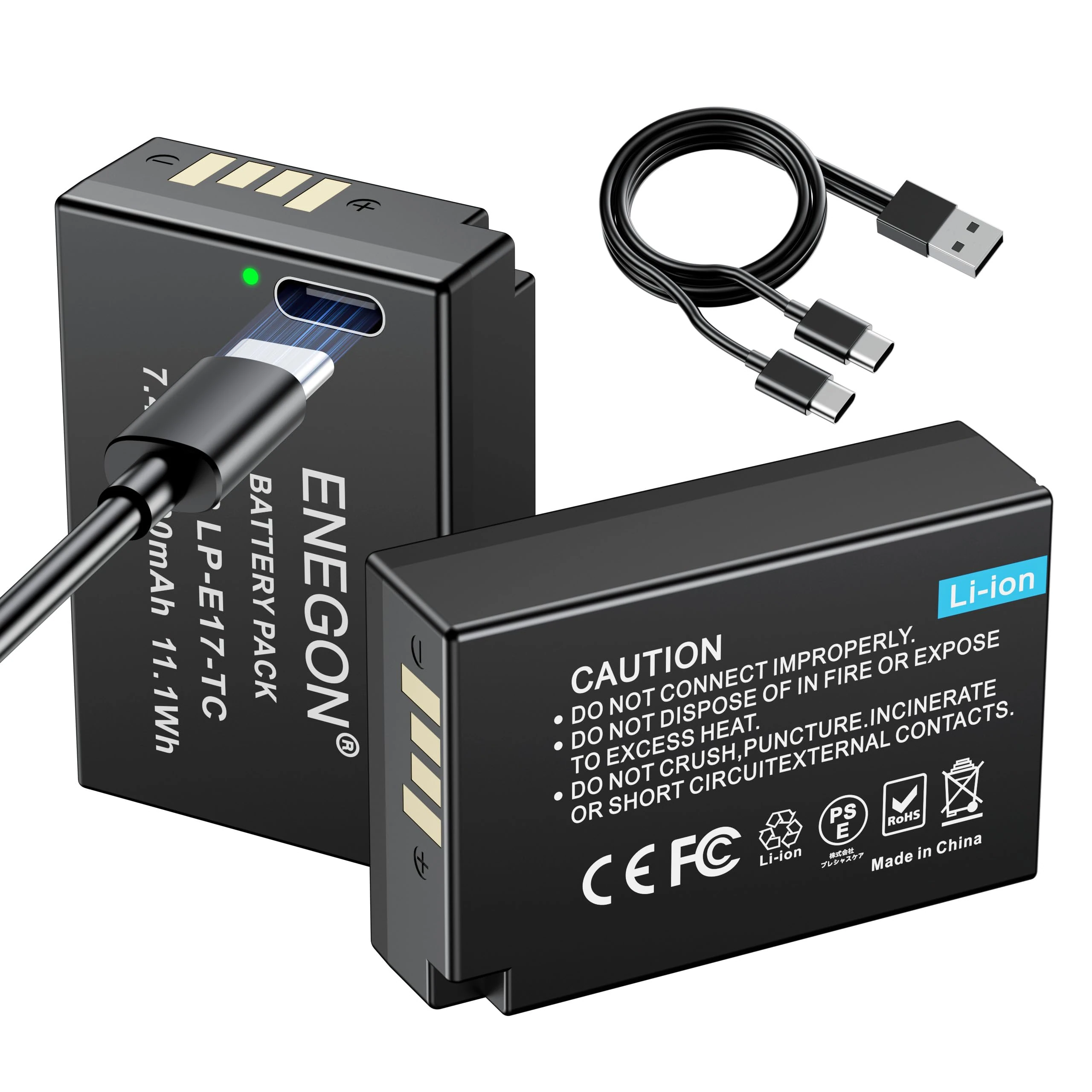 ENEGON LP-E17 Type C Charging Port Battery(2 * 1500mah) for Canon Rebel SL3, SL2; T8i, T7i, T6i, T6s; EOS R10, R50, RP, R100; EOS M3, M5, M6; EOS 200D, 250D,77D, 750D, 760D, 800D, 8000D