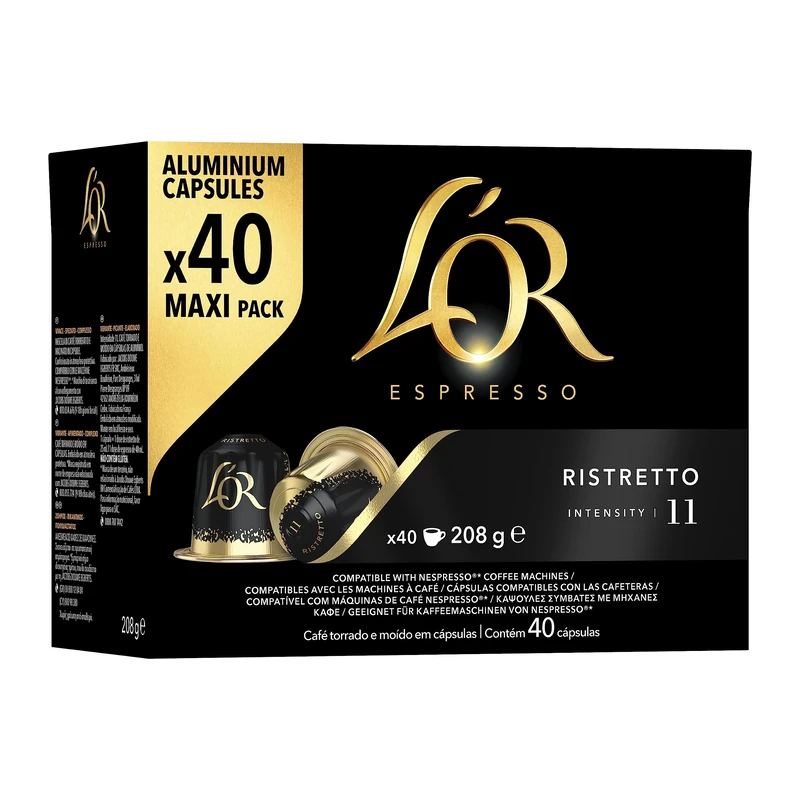 L'OR Espresso Ristretto Coffee Pods x40 Intensity 11 (Pack of 5, Total 200 Capsules)