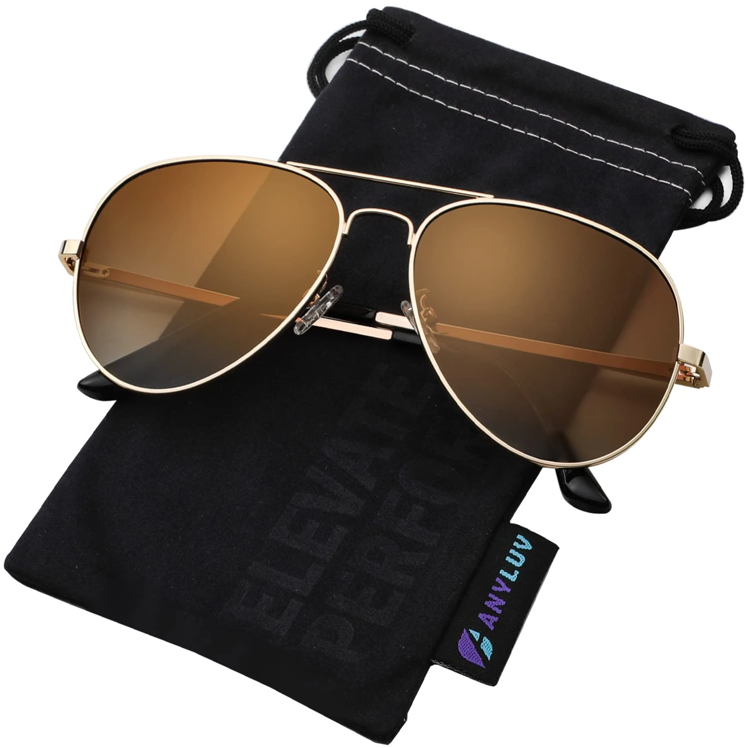 Pilot Sunglasses Mens, Polarised Sunglasses Men Women Classic Black Shades Metal Frame with UV Protection(Gold/Gradual Brown)
