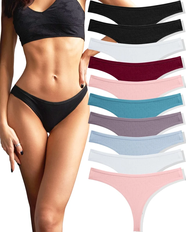 FINETOO 10 pack Cotton Thongs for Women Breathable Low Rise Bikini Lady Panties Womens Underwear Sexy S-XL, Set2-10pack, S