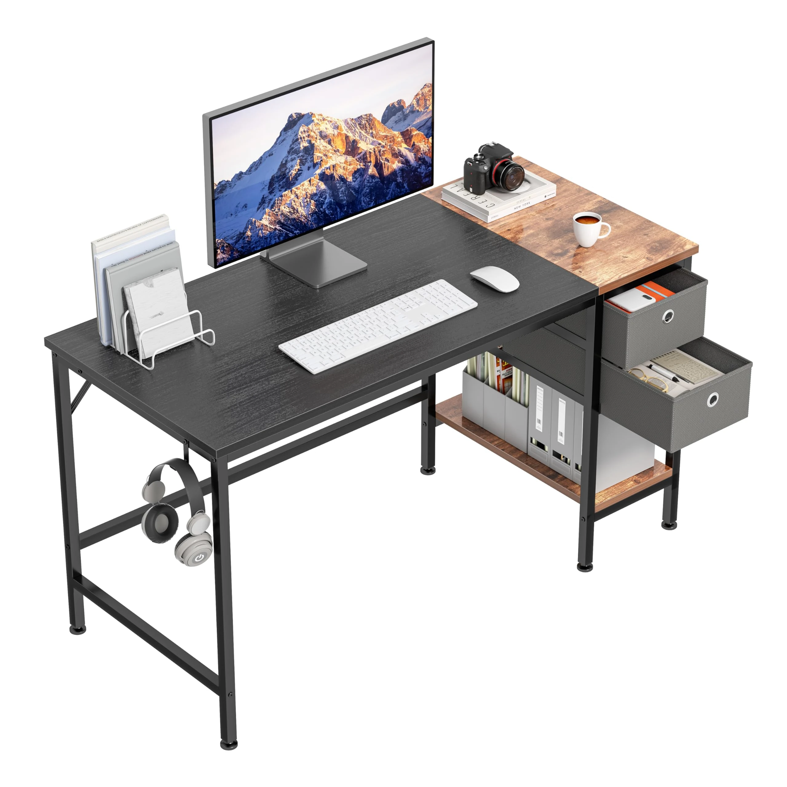 HOMIDEC Computer, Office Work Desk for student and worker, Writing Desk with drawer and Headphone Hook, Laptop Table with shelves, Modern Style Desks for Bedroom, Home, Office-100x50