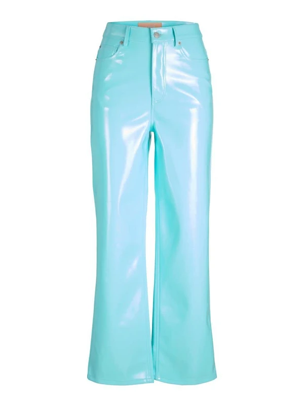 JJXX Women's Jxkenya Hw Straight Faux Leat Pants Noos Trousers, Aruba Blue/Detail: Shiny, XL