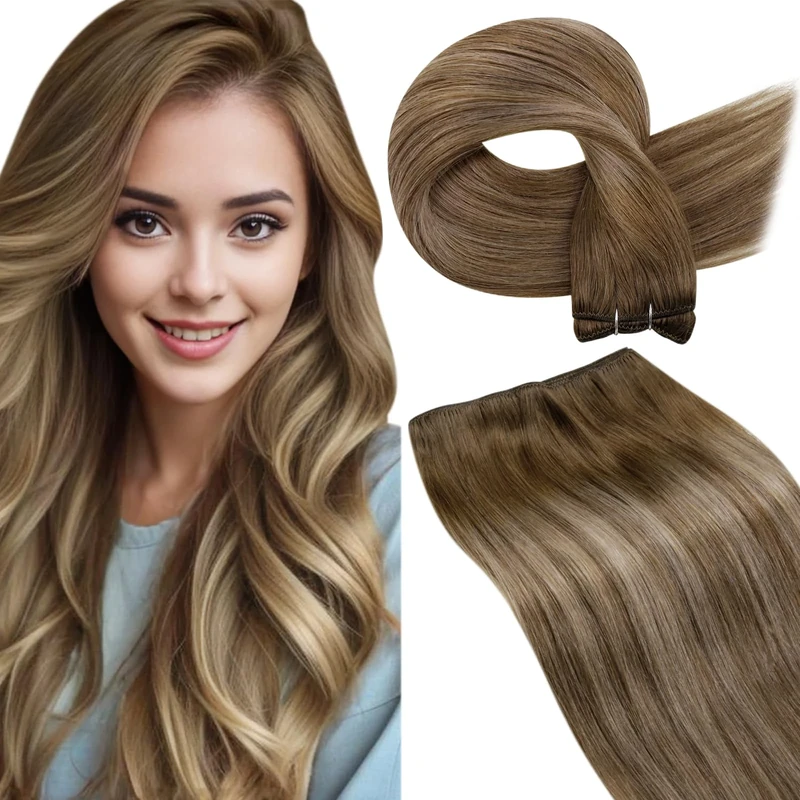 LaaVoo Weft Hair Extensions Real Human Hair 16 Inch 100g Brown Sew in Hair Extensions Full Head Straight Balayage Blonde Remy Invisible Double Weft Weave #8/16/8