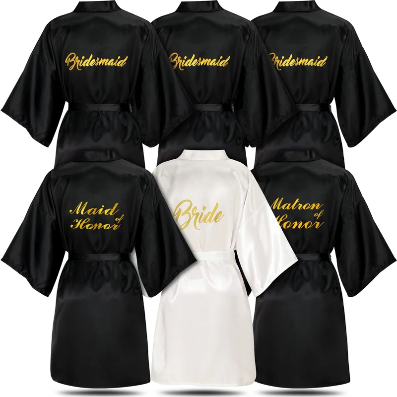 6-Piece Bridesmaids Robes Set - Wedding Robes for Bridal Party Gift, Black & White, One Size