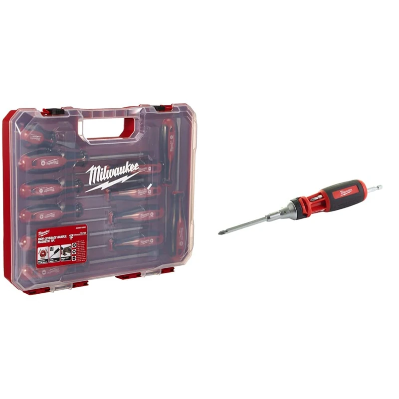 Milwaukee Set of 12 Tri-Lobe Screwdrivers 4932472003 & Universal Ratchet Screwdriver 10 in 1 Color E 0 W 0 V Multicoloured One Size, 4932471598 - Image 1