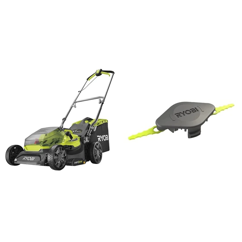 Ryobi RY18LM37A-140 18V ONE+ Cordless 37cm Lawnmower Starter Kit (1 x 4.0Ah) Amazon Exclusive & Ryobi Double Serrated Blades Head for RAC155 Edger Black