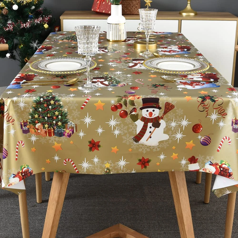 Plenmor Christmas Table Cloth Wipe Clean Christmas Tablecloth Xmas Gold PVC Plastic Wipeable Waterproof Rectangular Table Cover Decoration for Festive New Year Kitchen Picnic (137 x 185 cm)