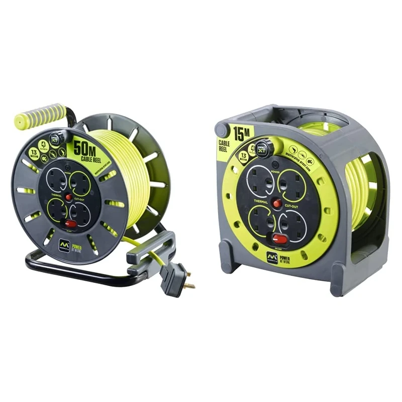 Masterplug OLU50134SL-PX Pro-XT Four Socket Open Cable Reel Extension Lead, Green & HMU15134SL-PX Pro-XT Four Socket Case Cable Reel Extension Lead