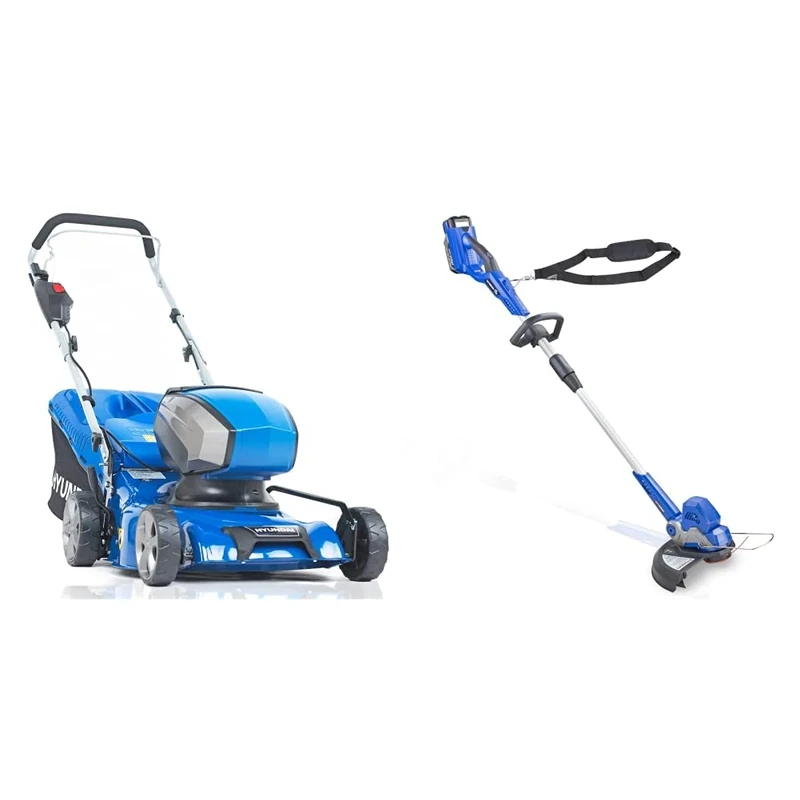 Hyundai 40v Lithium-ion Cordless Battery Powered Lawn Mower 42cm Cutting Width 45L Grass Bag, 3 Year Hyundai Platinum Warranty & Powerful 40v Lithium-ion Battery Grass Trimmer, 3 Year Warranty, Blue