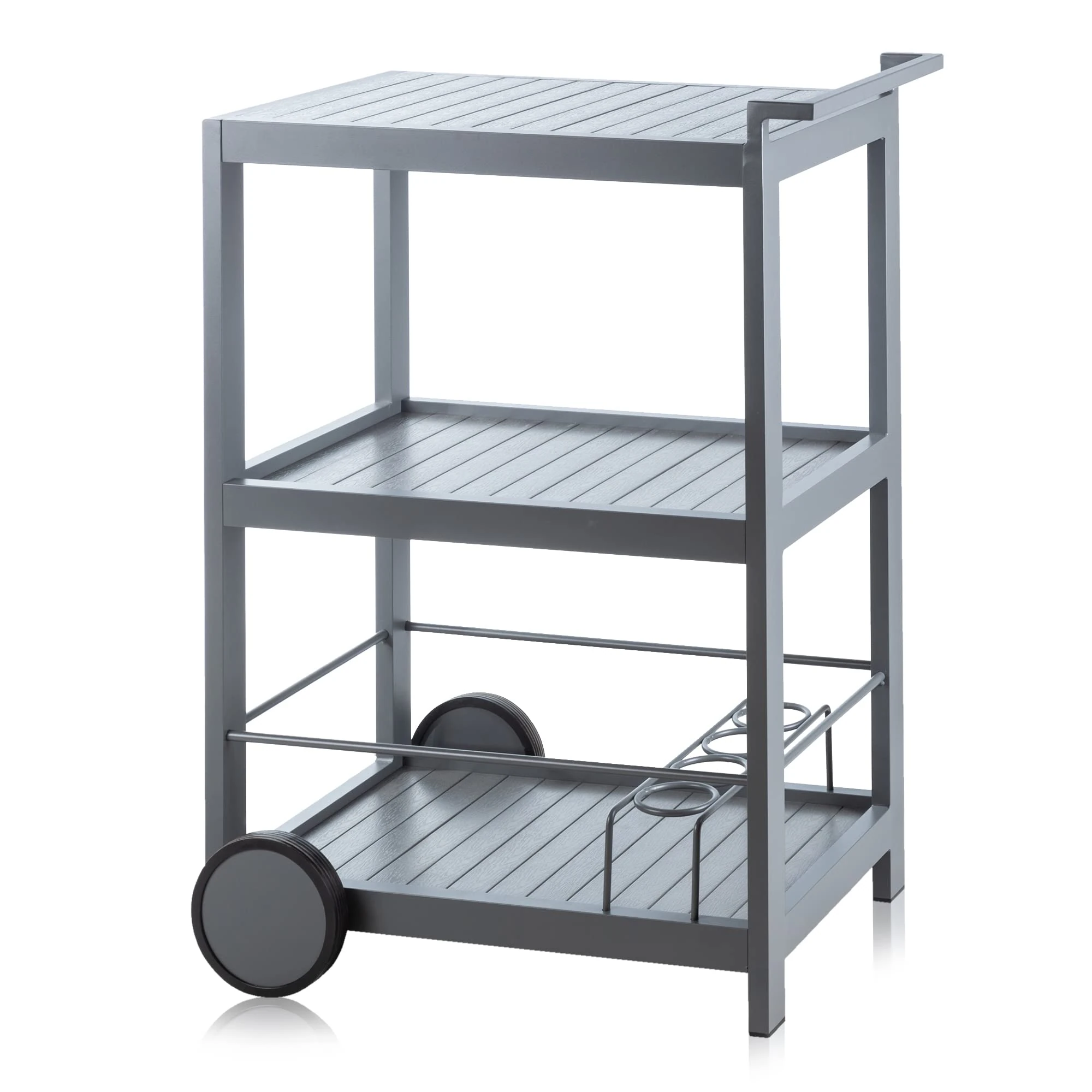 Alfresia Aluminium Garden Bar Trolley – 3 Tier Drinks Stand on Wheels, Cocktail Bar Set, Wood Effect Countertops, Grey, Water and Rust Resistant, Outdoor Bar Trolley for Garden and Patio, Durable