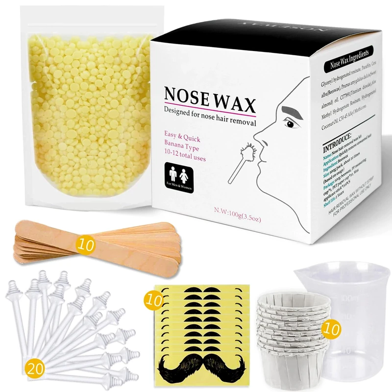 Nose Wax Kit for Men and Women, Nose Hair Removal Wax with 100g Nasal Hair Wax 20 Safe Tip Applicator, 10 wooden Applicators,10 Containers and 10Moustache Stencils As a Christmas Gifts