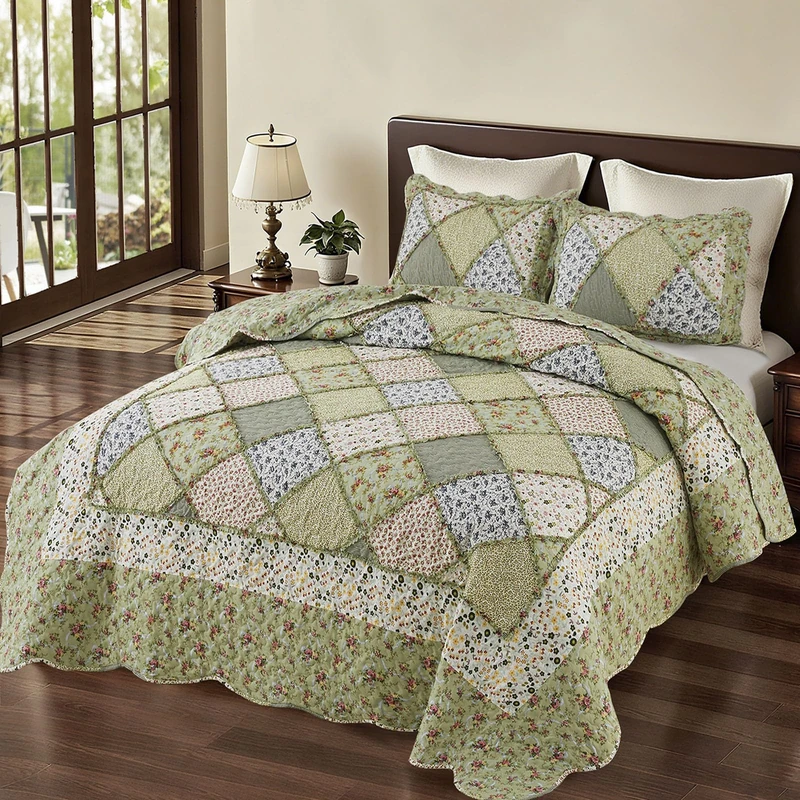 VIVILINEN Quilt Set Queen Size Green Patchwork Floral Quilted Bedspread Coverlet Set 3-Piece Reversible Comforter Lightweight Stitched Quilt Bedding Set Bed Sheet Cover Blanket with 2 Pillow Shams