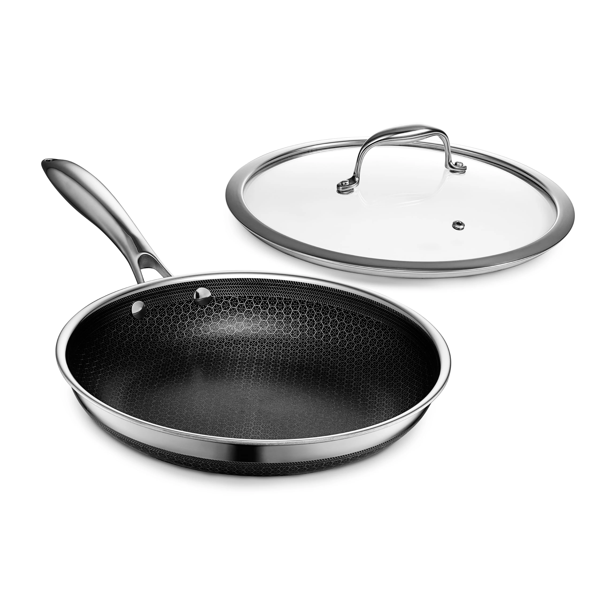 HexClad Hybrid Nonstick 25 cm Frying Pan with Tempered Glass Lid, Stay-Cool Handle, Dishwasher and Oven Safe, Induction Ready, Compatible with All Cooktops
