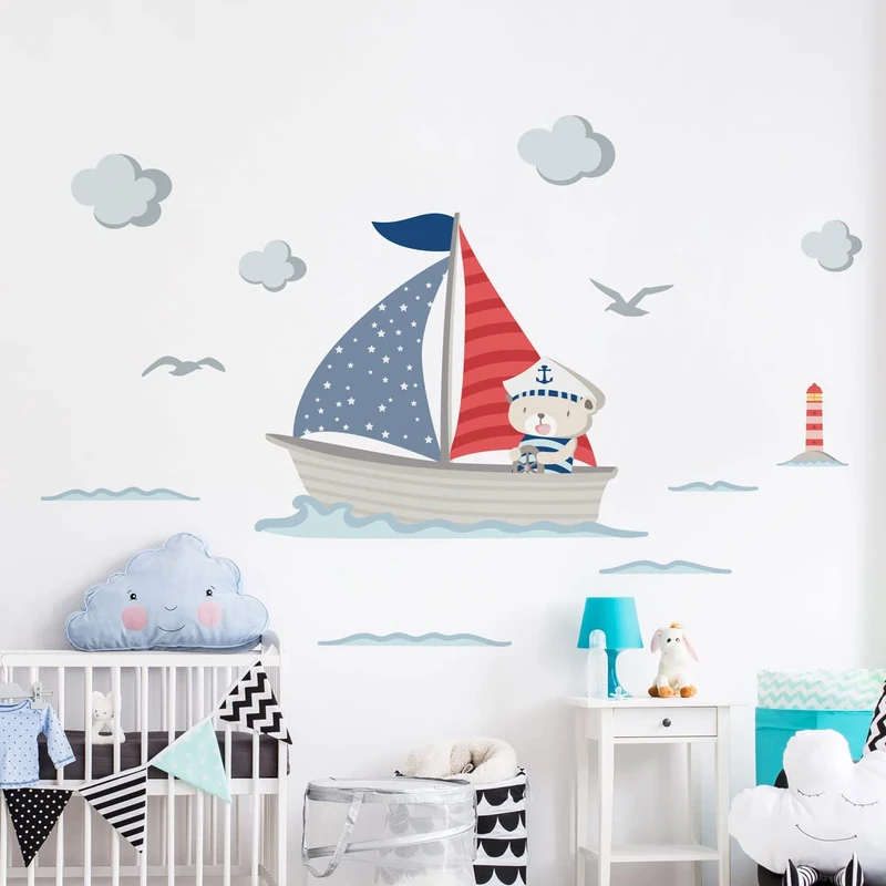Children's Wall Stickers - Baby Room Decoration - Children's Bedroom Wall Sticker - Captain of Boat - Height 60 x Length 70 cm