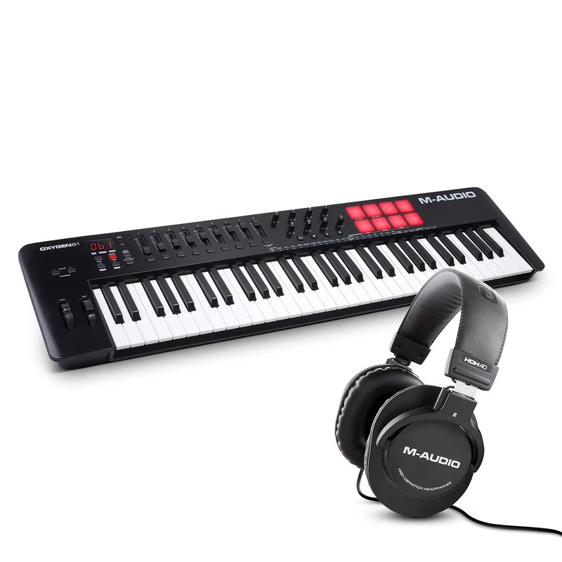 M-AUDIO Oxygen 61 MKV MIDI Controller Bundle with Headphones for Studio Recording, Music Production, Podcasting, Streaming
