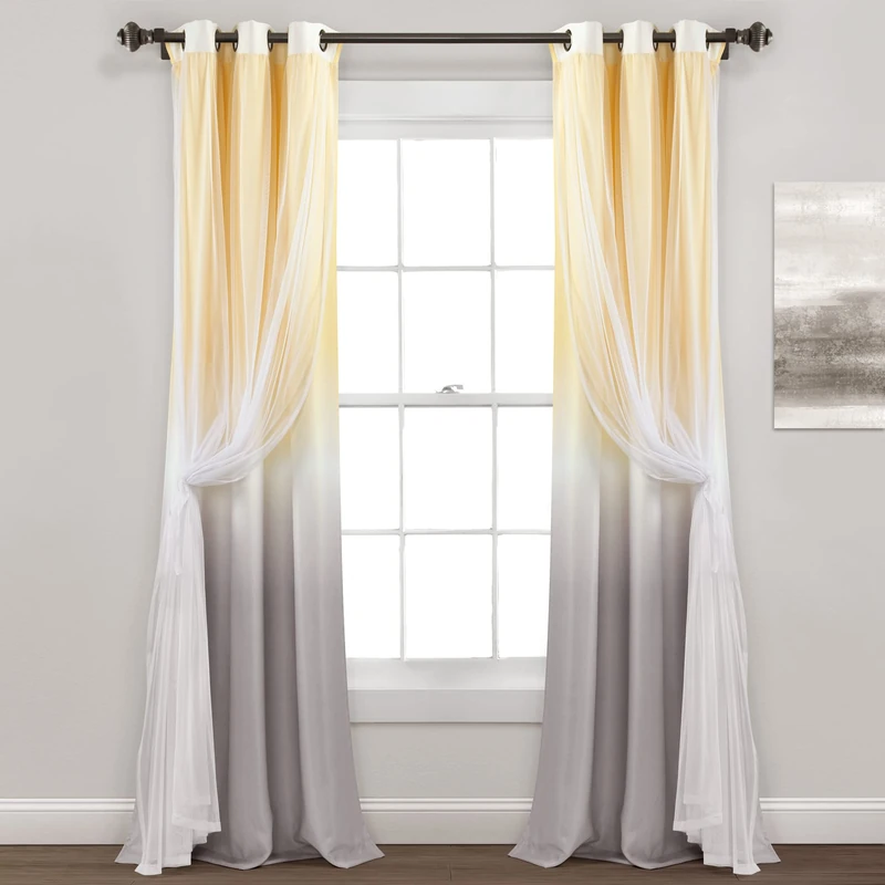 Lush Decor Umbre Fiesta Grommet Sheer/Printed Light Filtering Window Curtain Panel (Single Panel), 84" L x 38" W, Yellow & Gray