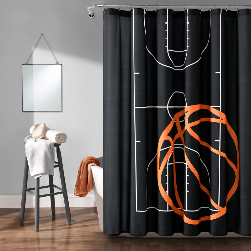 Lush Decor Basketball Game Shower Curtain, 72" x 72", Black & Orange - Image 1