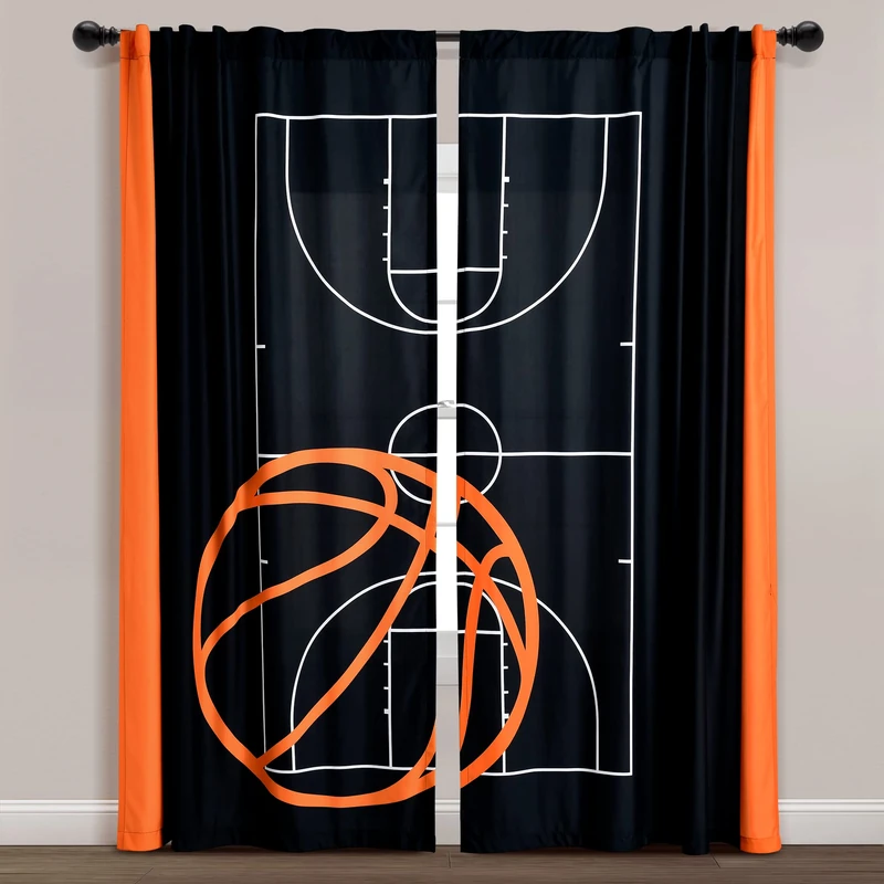 Lush Decor Basketball Game Window Curtain Panel Pair, 84" L x 52" W, Black & Orange