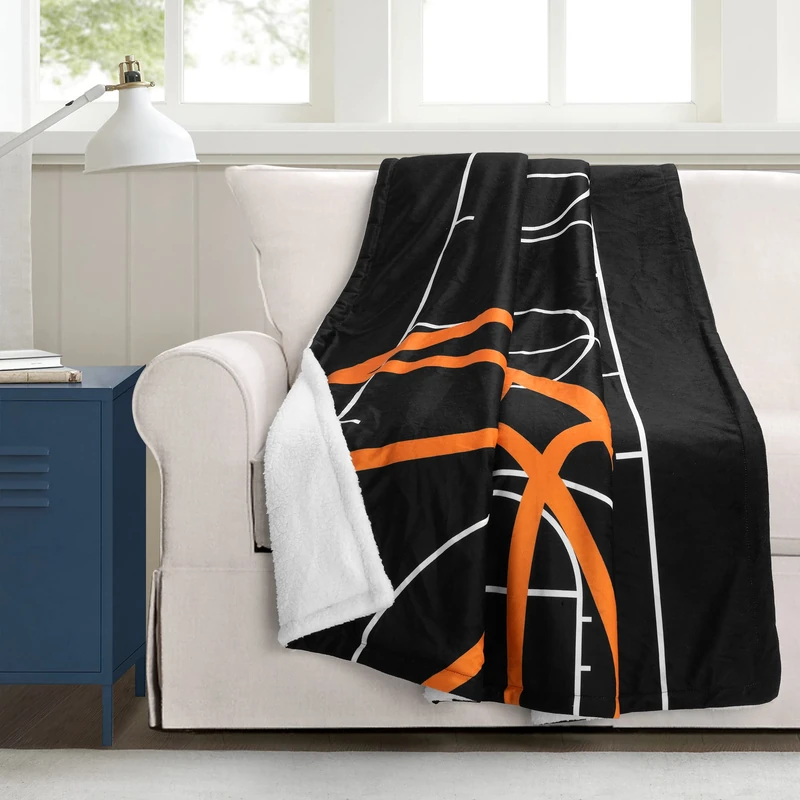 Lush Decor Basketball Game Sherpa Throw Blanket, Black & Orange, 60 Inches x 50 Inches