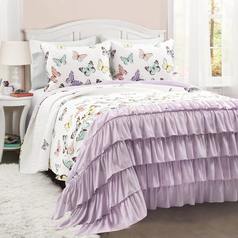 Lush Decor Flutter Butterfly Oversized 3 Piece Quilt Set, Polyester, Lilac, Full/Queen