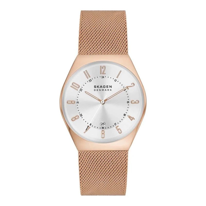 Skagen Watch for Women Grenen, Three Hand Date movement, 37mm Rose Gold Recycled Stainless Steel (At Least 50%) case with a Stainless Steel Mesh strap, SKW6818